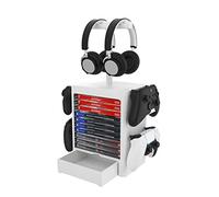 RIXOW Supporto di Immagazzinaggio Multifunzione per Giochi, 10 Rack per Dischi di Gioco con Cassetto, Supporto Verticale per Controller per Cuffie Compatibile con PS5 PS4 Xbox Series, Grigio Chiaro