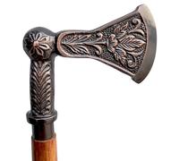 Riylox Bastone da passeggio decorativo, manico con ascia vichinga con design floreale, asta in legno da 3 pezzi, finitura rame anticato, ideale come regalo.