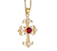 RIZILIA Croce Pendente con 18" Catena & Taglio Rotondo CZ [Simulata Rosso Rubino] in Placcato Oro Giallo, Semplice Ed Elegante Moderno