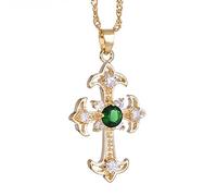 RIZILIA Croce Pendente con 18" Catena & Taglio Rotondo CZ [Simulata Smeraldo Verde] in Placcato Oro Giallo, Semplice Ed Elegante Moderno