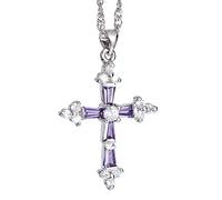 RIZILIA Croce Pendente con 18" Catena & Trapezoid Taglio Rotondo CZ [Simulata Ametista Viola] in Placcato in Oro Bianco, Semplice Ed Elegante Moderno