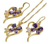 RIZILIA FIORIRE Parure di Gioielli Pendente con 18" Catena & Dangle Orecchini Taglio Pera CZ [Simulata Ametista Viola] in Placcato Oro Giallo, Semplice Ed Elegante Moderno