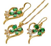 RIZILIA FIORIRE Parure di Gioielli Pendente con 18" Catena & Dangle Orecchini Taglio Pera CZ [Simulata Smeraldo Verde] in Placcato Oro Giallo, Semplice Ed Elegante Moderno