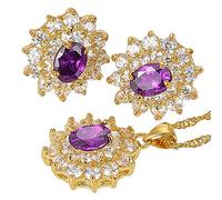 RIZILIA FIORIRE Parure di Gioielli Pendente con 18" Catena & Perno Orecchini Taglio Ovale CZ [Simulata Ametista Viola] in Placcato Oro Giallo, Semplice Ed Elegante Moderno