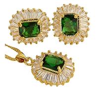 RIZILIA FIORIRE Parure di Gioielli Pendente con 18" Catena & Perno Orecchini Taglio Rotondo CZ [Simulata Smeraldo Verde] in Placcato Oro Giallo, Semplice Ed Elegante Moderno