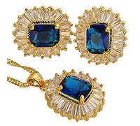 RIZILIA FIORIRE Parure di Gioielli Pendente con 18" Catena & Perno Orecchini Taglio Rotondo CZ [Simulata Zaffiro Blu] in Placcato Oro Giallo, Semplice Ed Elegante Moderno