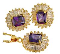 RIZILIA FIORIRE Parure di Gioielli Pendente con 18" Catena & Perno Orecchini Taglio Rotondo CZ [Simulata Ametista Viola] in Placcato Oro Giallo, Semplice Ed Elegante Moderno