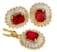 RIZILIA FIORIRE Parure di Gioielli Pendente con 18" Catena & Perno Orecchini Taglio Rotondo CZ [Simulata Rosso Rubino] in Placcato Oro Giallo, Semplice Ed Elegante Moderno