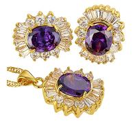 RIZILIA Parure di Gioielli Pendente con 18" Catena & Perno Orecchini Taglio Ovale CZ [Simulata Ametista Viola] in Placcato Oro Giallo, Semplice Ed Elegante Moderno