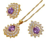 RIZILIA Teardrop Parure di Gioielli Pendente con 18" Catena & Perno Orecchini Taglio Pera CZ [Simulata Ametista Viola] in Placcato Oro Giallo, Semplice Ed Elegante Moderno