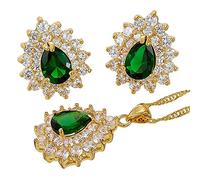 RIZILIA Teardrop Parure di Gioielli Pendente con 18" Catena & Perno Orecchini Taglio Pera CZ [Simulata Smeraldo Verde] in Placcato Oro Giallo, Semplice Ed Elegante Moderno