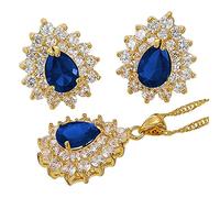 Rizilia Teardrop Parure di Gioielli Pendente con 18" Catena & Perno Orecchini Taglio Pera CZ [Simulata Zaffiro Blu] in Placcato Oro Giallo, Semplice Ed Elegante Moderno