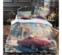 RJAVAGFZL Babbo Natale alla guida Impressione 3D 3 pz fodera per edredone Scena festiva con auto d'epoca coperteletto microfibra morbida antiacari per ragazzi adolescenti donne Single（140x200cm）