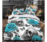 RJAVAGFZL SkullRoseDesign Impressione 3D 3 pz coperteletto Stile gotico-floreale cover piumone microfibra ipoallergenica traspirante per bambini ragazze donne Single（140x200cm）