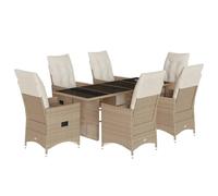 RJPLMFV Set da bistrot da giardino 7 pezzi cuscini beige poli rattan | Schienale E Poggiapiedi Regolabili, Fodera Rimovibile Lavabile, Superiore In Vetro Temperato, Per Balcone Posteriore Cortile