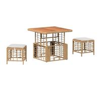 RJPLMFV Set da pranzo da giardino, 3 pezzi, natura e bianco | Tavolo regolabile altezza 40-71 cm, Poly Rattan, Legno Acacia Massiccio, Cuscini lavabili