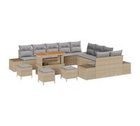 RJPLMFV Set divano da giardino, 14 pezzi, colore: Beige Poly Rattan | Telaio in acciaio verniciato a polvere, legno massello di acacia, cuscini rimovibili, borsa portaoggetti impermeabile