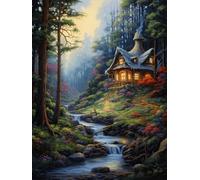RKFLGEW 14CT Punto Croce Kit Da Ricamare Set Punto Croce Fantasy Forests Cottage Kit Da Ricamo Per Paesaggi Di Montagna E Fiume Per Principianti Kit Punto Croce Fai Da Te Per Adulti 30x40cm
