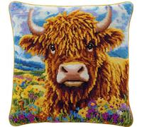 RKFLGEW DIY latch hook kits for adults Highland cattle animal Latch Hook Kits Pillow DIY Handmade Cushion Crochet Yarn Embroidery set Pillowcase 43x43cm