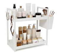 Rkixlix Mensola doccia da appendere, colore bianco, Organizer per Trucchi Grande con 1 Cestino e 4 Ganci, Scaffale Organizer da Bagno a 2 Ripiani Organizzatore per Il Bagno in Acciaio al Titanio