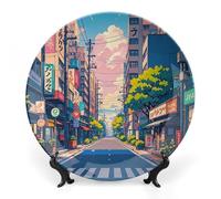 RKJVB Piatto decorativo in porcellana Bone China con display 25,7 cm Supporto in ceramica Strade giapponesi Piatti ornamentali in ceramica Piatto da pranzo in ceramica Artigianato Piatti decorativi