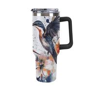 Rkklvbns Art with Lily Flowers Birds - Tazza da caffè da viaggio con acquerello, 1,18 l, con manico e coperchio con cannuccia, a prova di perdite, grande capacità, mantiene freddo o caldo per palestra