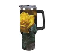 Rkklvbns Bella tazza da caffè da viaggio con rose gialle, bicchiere con manico e coperchio con cannuccia, tazza da auto di grande capacità a prova di perdite, mantiene freddo o caldo per palestra