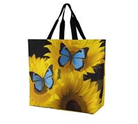 Rkklvbns Borsa da donna con girasoli gialli con farfalle blu, borsa a tracolla per generi alimentari, borsa portatile leggera e resistente, per lavoro, viaggi, borsa casual