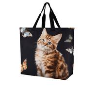 Rkklvbns Borsa tote da donna con gatto e farfalla, borsa a tracolla per generi alimentari, borsa portatile leggera e resistente, per lavoro, viaggi, borsa casual