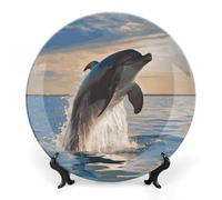 Rkklvbns Divertente animale delfino piatti decorativi 8 pollici piatti piani in ceramica Bone China piatto decorativo con espositore piatti da dessert per casa ufficio decorazione da parete