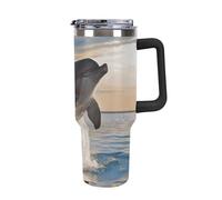 Rkklvbns Divertente tazza da caffè da viaggio con delfino, 1,18 l, con manico e coperchio con cannuccia, a prova di perdite, grande capacità, mantiene freddo o caldo per palestra, viaggi e sport