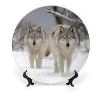 Rkklvbns Due lupi che camminano nella neve piatti decorativi da 15,2 cm in ceramica Bone China Piatto decorativo con espositore Piatti da dessert per casa ufficio decorazione da parete