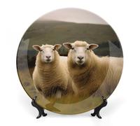 Rkklvbns Due piatti decorativi a forma di pecora bianca, 20,3 cm, piatti piani in ceramica Bone China Piatto decorativo con espositore Piatti da dessert per casa ufficio decorazione da parete