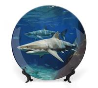 Rkklvbns Due squali bianchi piatti decorativi da 17,8 cm in ceramica Bone China Piatto decorativo con espositore Piatti da dessert per casa ufficio decorazione da parete