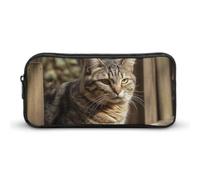 Rkklvbns Gatto su recinto di legno grande astuccio portamatite portatile con cerniera organizzatore di cancelleria semplice stoccaggio cancelleria estetica per ufficio college uso adulto