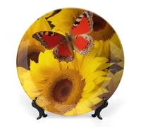 Rkklvbns Girasoli gialli con farfalla rossa piatti decorativi da 20,3 cm in ceramica Bone China Piatto decorativo con espositore Piatti da dessert per casa ufficio decorazione da parete