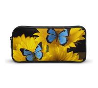 Rkklvbns Girasoli gialli con farfalle blu grande astuccio portamatite portatile con cerniera organizzatore di cancelleria semplice stoccaggio cancelleria estetica per ufficio college uso adulto
