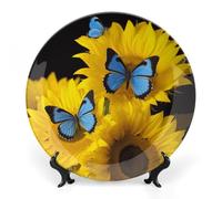 Rkklvbns Girasoli gialli con farfalle blu piatti decorativi da 15,2 cm in ceramica Bone China Piatto decorativo con espositore Piatti da dessert per casa ufficio decorazione da parete