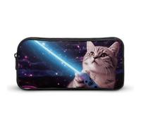 Rkklvbns Grande astuccio portatile a forma di gatto spaziale con stampa laser e cerniera, organizer per cancelleria, semplice da riporre, per ufficio, università, uso adulto