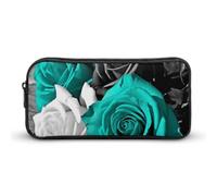 Rkklvbns Grande astuccio portatile con fiori rosa nero bianco e grigio foglia di tè con cerniera organizer per cancelleria semplice archiviazione cancelleria estetica per ufficio college uso adulto