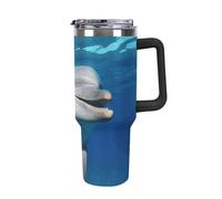 Rkklvbns Happy Dolphin - Tazza da caffè da viaggio, con manico e coperchio con cannuccia, a prova di perdite, grande capacità, mantiene freddo o caldo per palestra, viaggi e sport