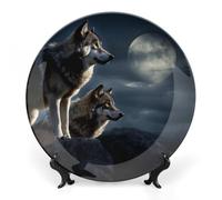 Rkklvbns Lupi al chiaro di luna Bone China Piatto decorativo in porcellana artistica con espositore da parete decorazione per la casa per ufficio hotel da parete 15,2 cm
