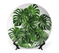 Rkklvbns Monstera Deliciosa, piatti decorativi in ceramica da 25,4 cm, piatti decorativi in porcellana Bone China, con espositore, piatti da dessert per casa e ufficio, decorazione da parete