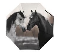 Rkklvbns Ombrello da viaggio con cavalli bianchi e neri, grande ombrello antivento da viaggio, apertura automatica, ombrello pieghevole portatile durevole con impugnatura premium per uomini e donne