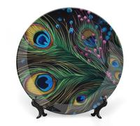 Rkklvbns Piastre decorative in ceramica da 25,4 cm con piume di pavone, piatto decorativo in porcellana Bone China con espositore piatti da dessert per casa e ufficio decorazione da parete