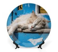 Rkklvbns Piatti decorativi a forma di gatto che dorme, 15,2 cm, piatti piani in ceramica Bone China Piatto decorativo con espositore Piatti da dessert per casa ufficio decorazione da parete