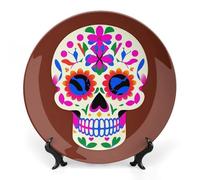 Rkklvbns Piatti decorativi a forma di teschio messicano, 25,4 cm, in ceramica Bone China, piatto decorativo con espositore, piatti da dessert per casa e ufficio, decorazione da parete