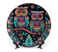Rkklvbns Piatti decorativi colorati con immagini di gufi, piatti piani in ceramica da 17,8 cm, piatti decorativi in porcellana Bone China con espositore piatti da dessert per casa e ufficio