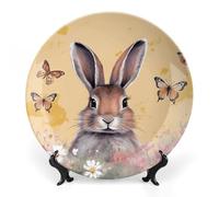 Rkklvbns Piatti decorativi con coniglio e farfalla, piatti piani in ceramica da 17,8 cm, piatto decorativo in porcellana Bone China con espositore piatti da dessert per casa e ufficio decorazione da