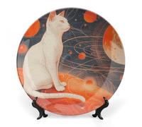 Rkklvbns Piatti decorativi con gatti e pianeti, piatti piani in ceramica da 20,3 cm, piatti decorativi in porcellana Bone China con espositore, piatti da dessert per casa e ufficio, decorazione da